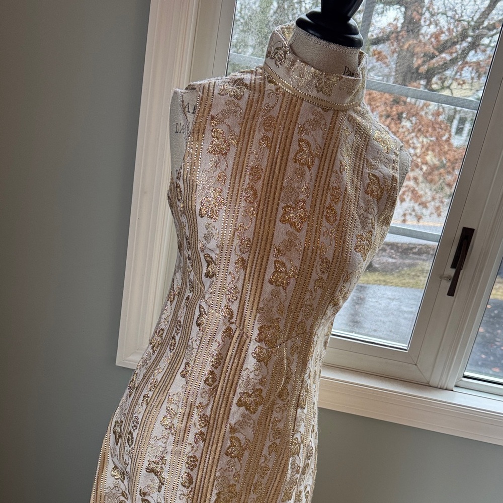 Handmade ivory & gold lurex highneck hostess maxi long dress EVC‎ XS-S